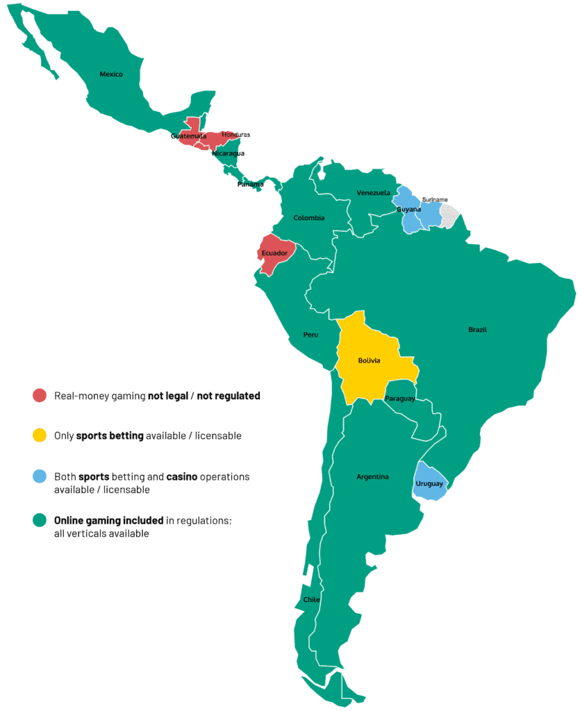 iGaming regulation map of Latin America, South and Central excluding Caribbean, 2024 2025 online gambling laws